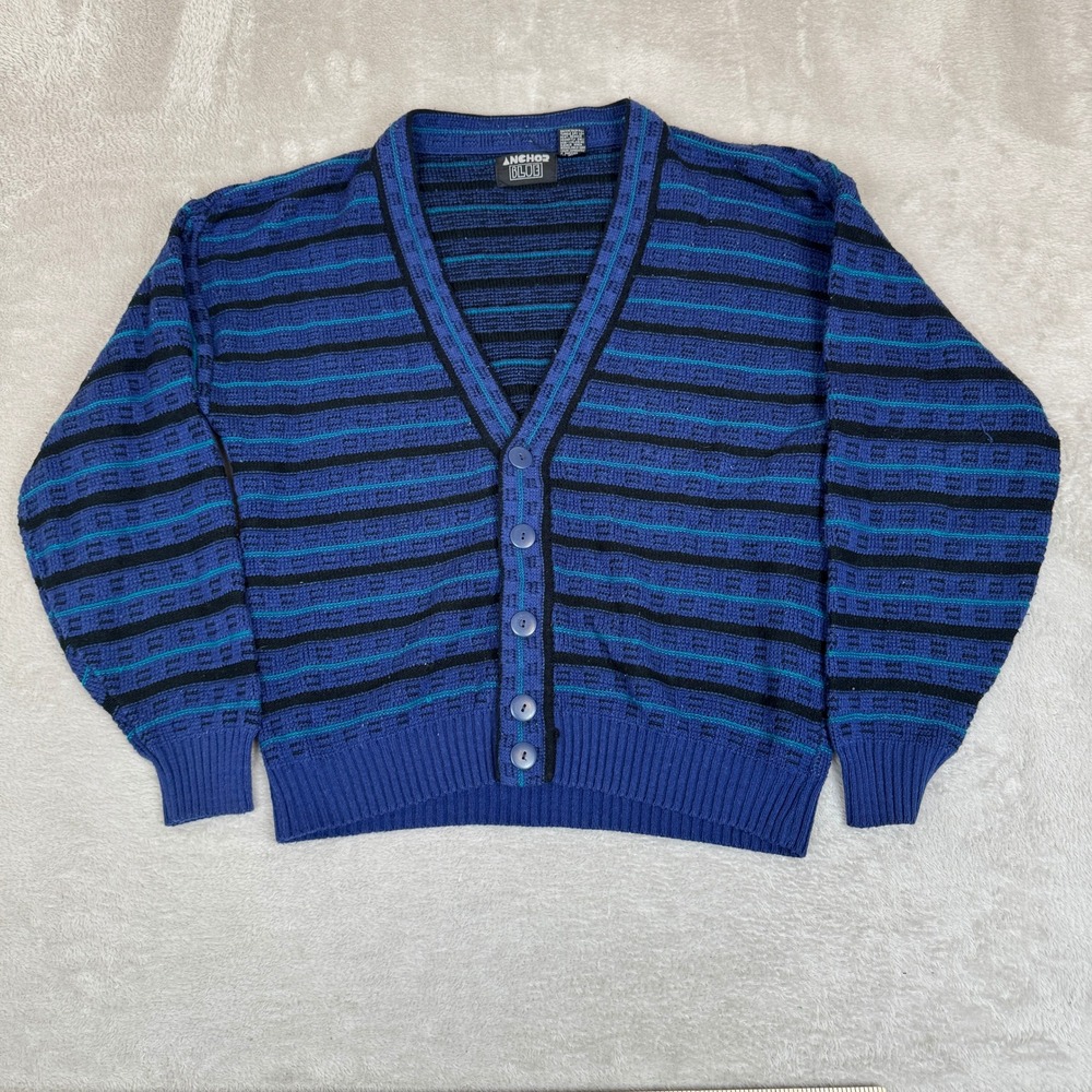 Vintage 90s Anchor‎ Blue Cardigan Sweater Mens M Preowned Striped Knit Preppy